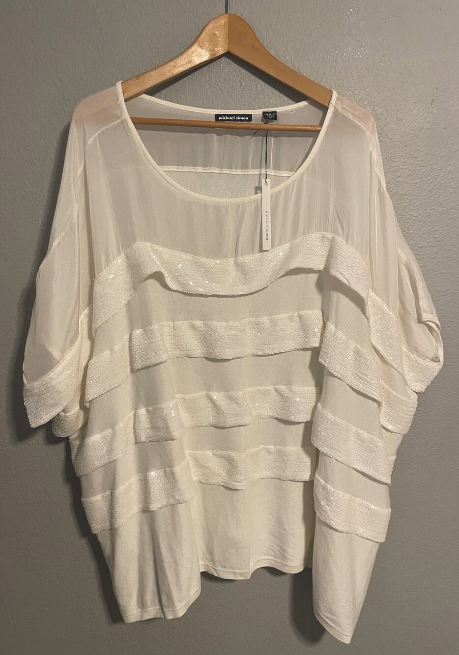 Michael Simon Womens Tunic Size XL Cream Bamboo Silk Sheer Sequin Modern NWT